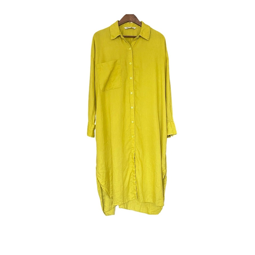Zara 100% Linen Shirt Dress Womens L Chartreuse Lime Green Button Front Sleeve